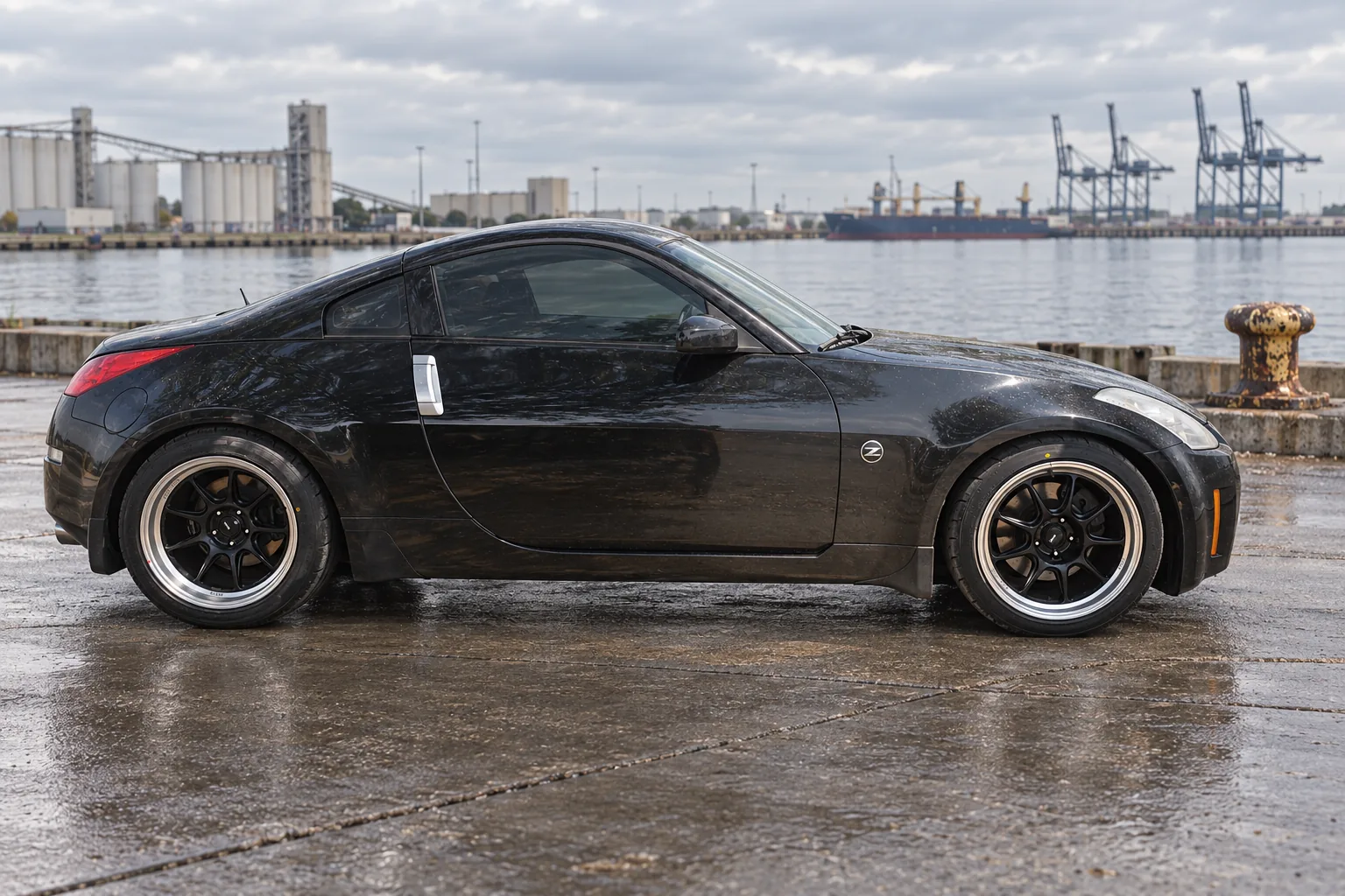 AI-generated view of a 2006 Nissan 350Z with Konig Countergram wheels