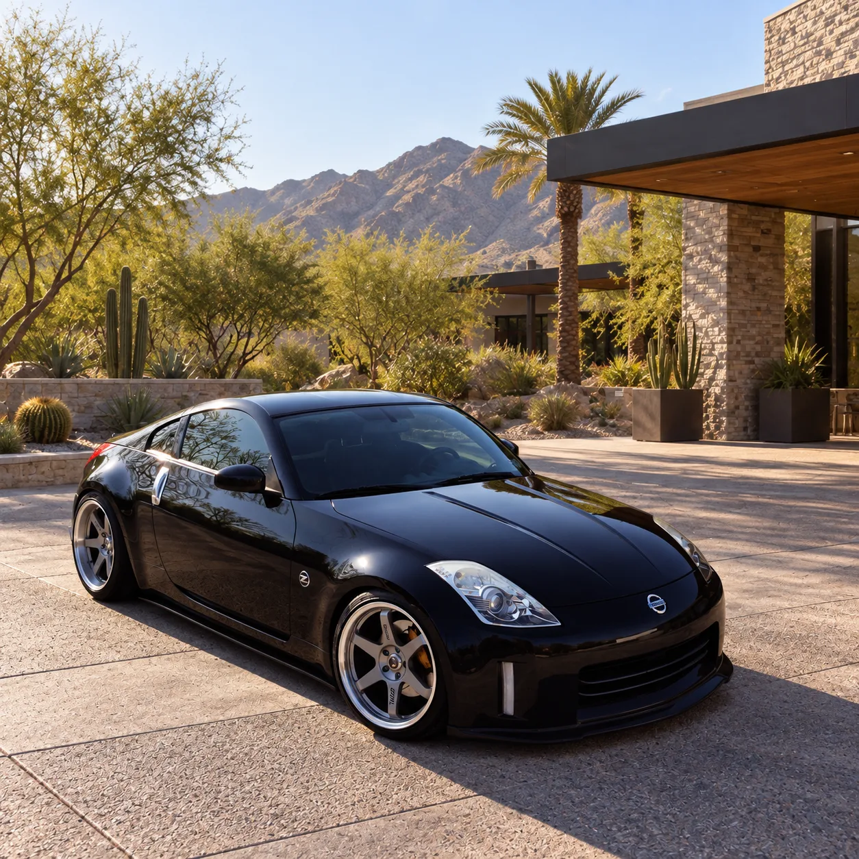 AI-generated view of a 2006 Nissan 350Z Enthusiast with Volk LE37T wheels