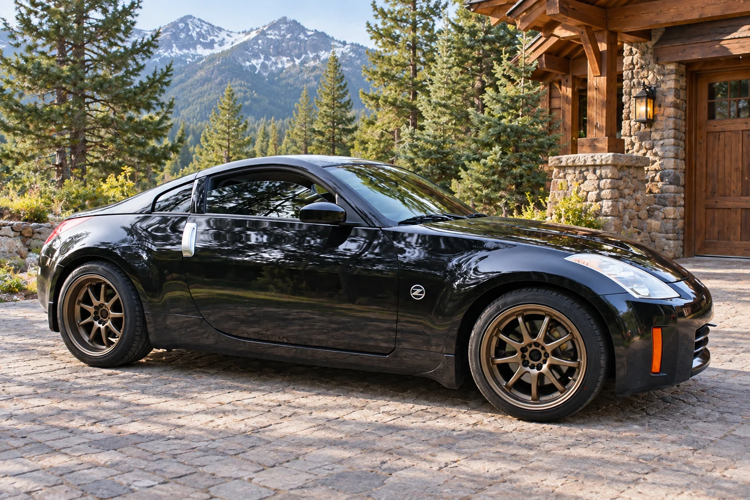AI-generated view of a 2007 Nissan 350Z with Work Emotion XD9 wheels