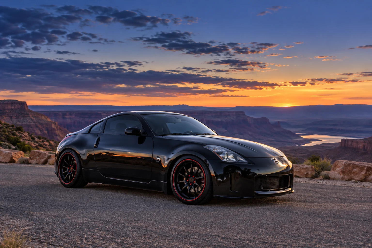 AI-generated view of a 2007 Nissan 350Z Touring with Volk Racing CE28N Time Attack wheels