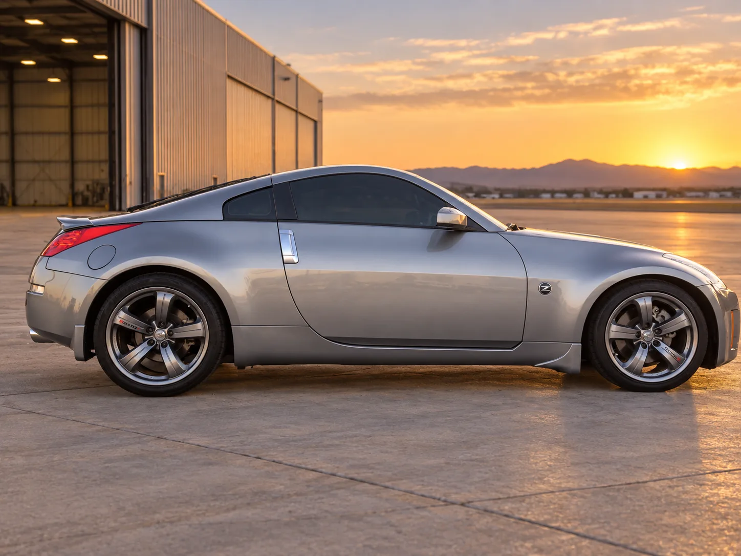 AI-generated view of a 2008 Nissan 350Z Enthusiast with Nismo Rays N/A wheels