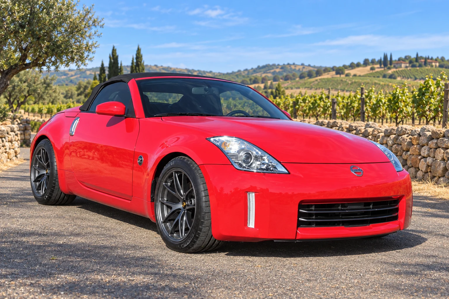 AI-generated view of a 2008 Nissan 350Z Touring Roadster with BBS RIA wheels