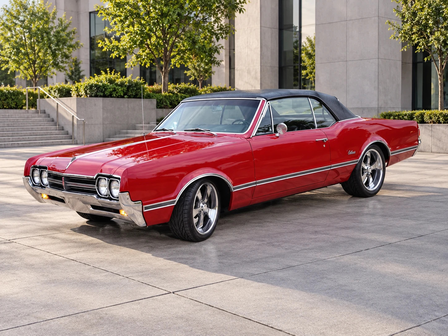 AI-generated view of a 1966 Oldsmobile Cutlass with Intro V-Rod wheels