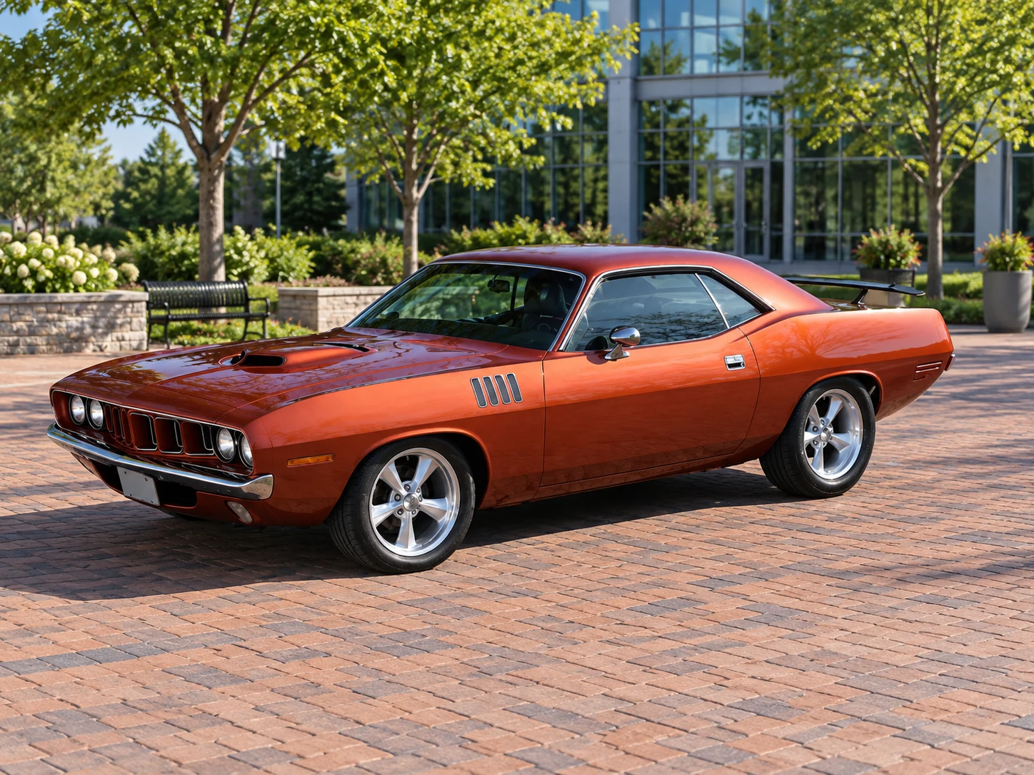 AI-generated view of a 1971 Plymouth 'Cuda with Rocket Racing Boost wheels