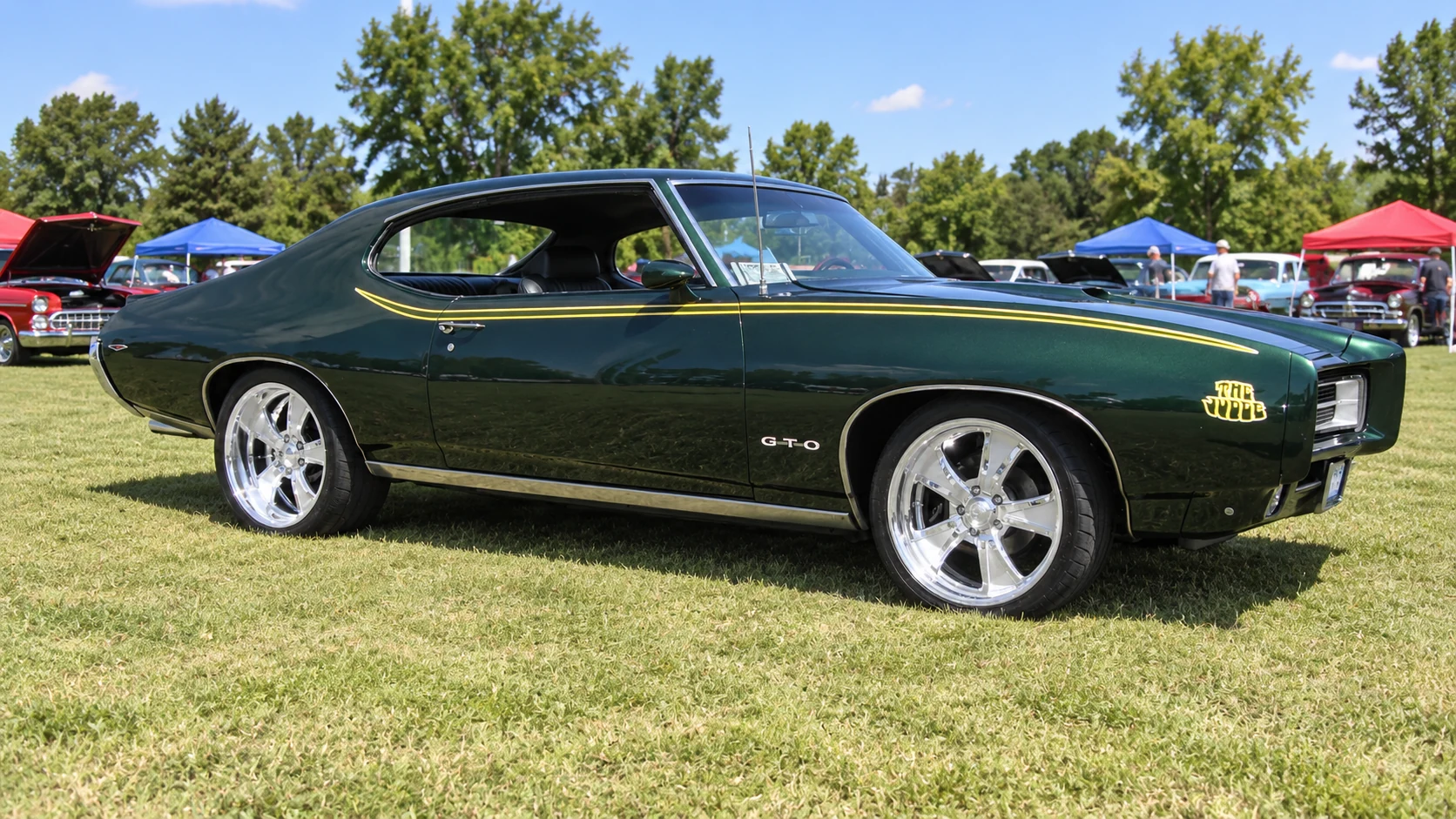 AI-generated view of a 1969 Pontiac GTO with Intro Matrix wheels