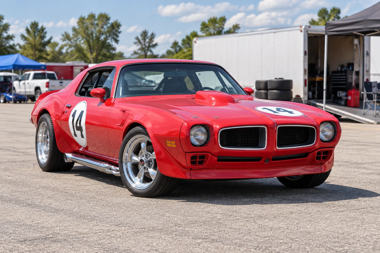 AI-generated view of a 1970 Pontiac Firebird with American Racing Torque Thrust II wheels