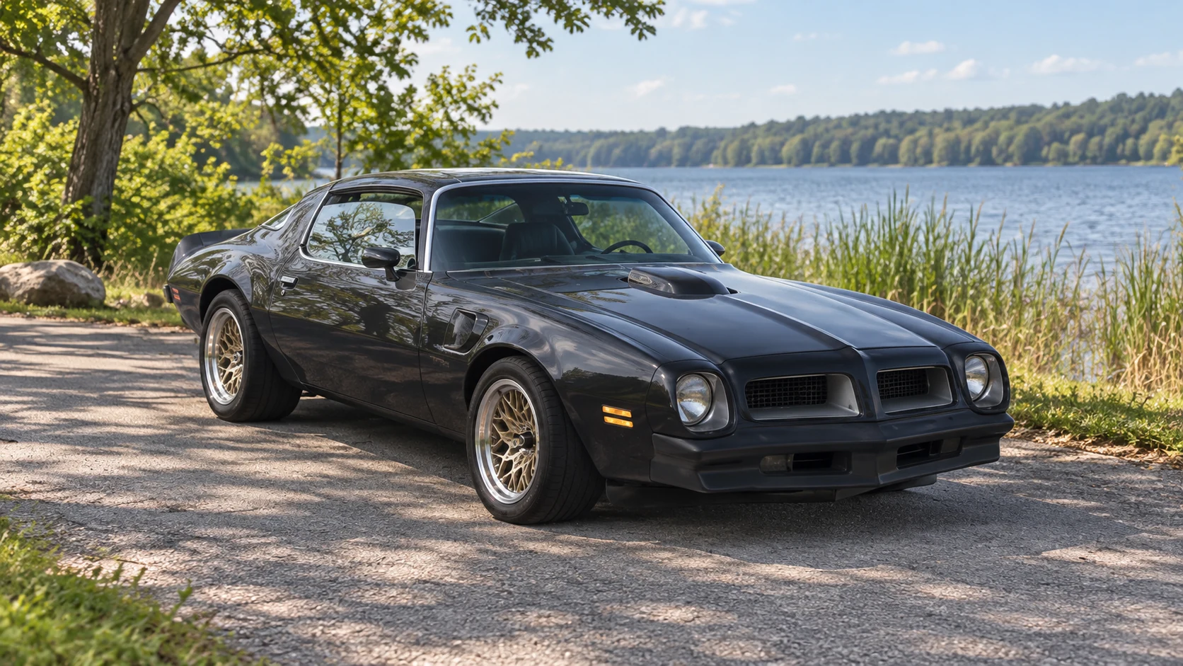 AI-generated view of a 1976 Pontiac Firebird Trans Am with Year One Snowflake wheels