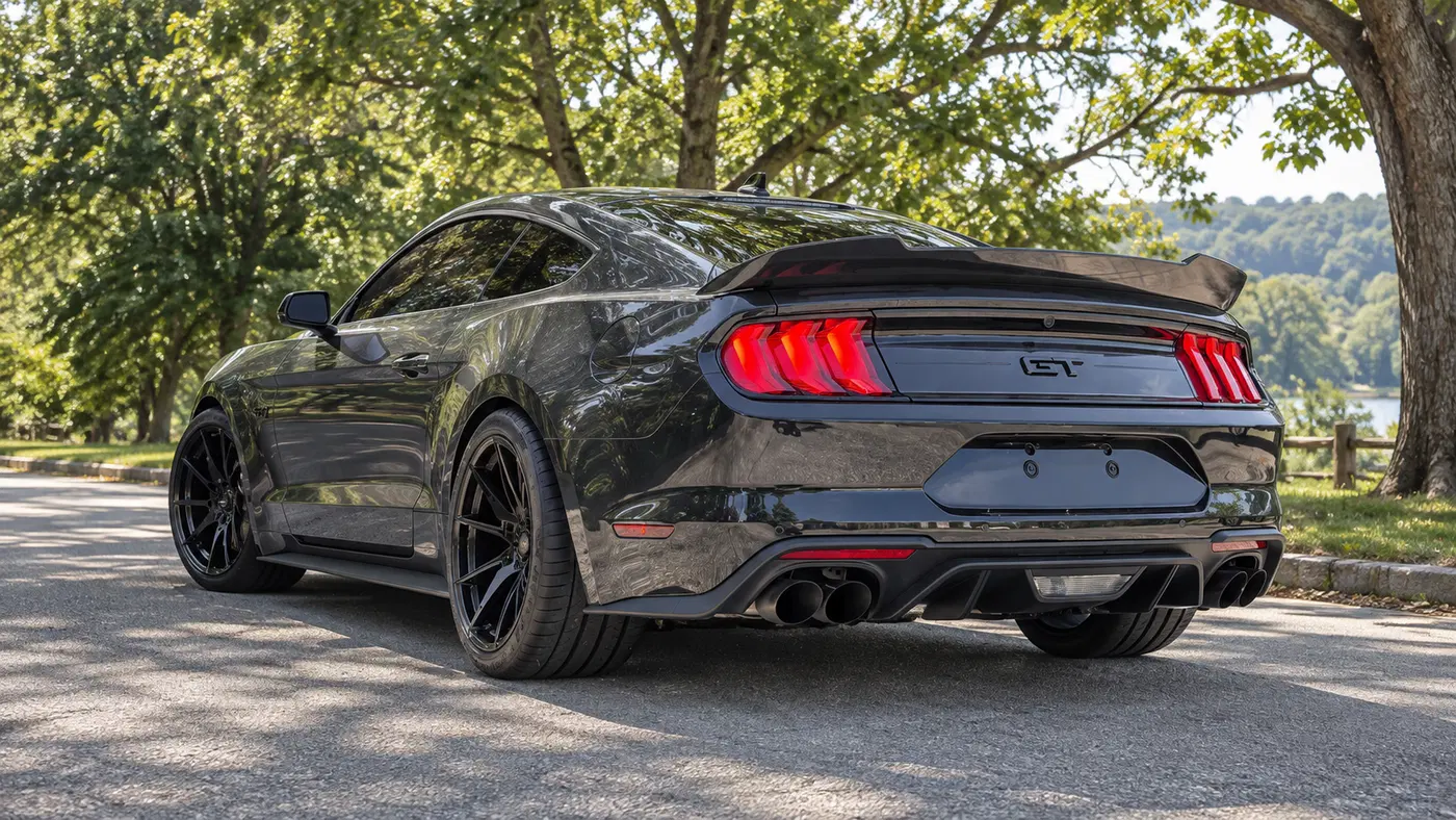 AI-generated view of a 2021 Ford Mustang GT Premium with Savini SV-F4 wheels
