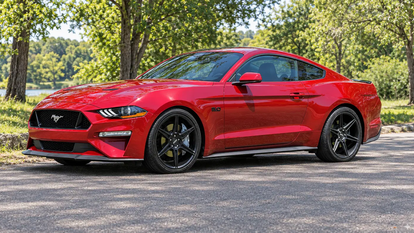 AI-generated view of a 2019 Ford Mustang with KMC N/A wheels