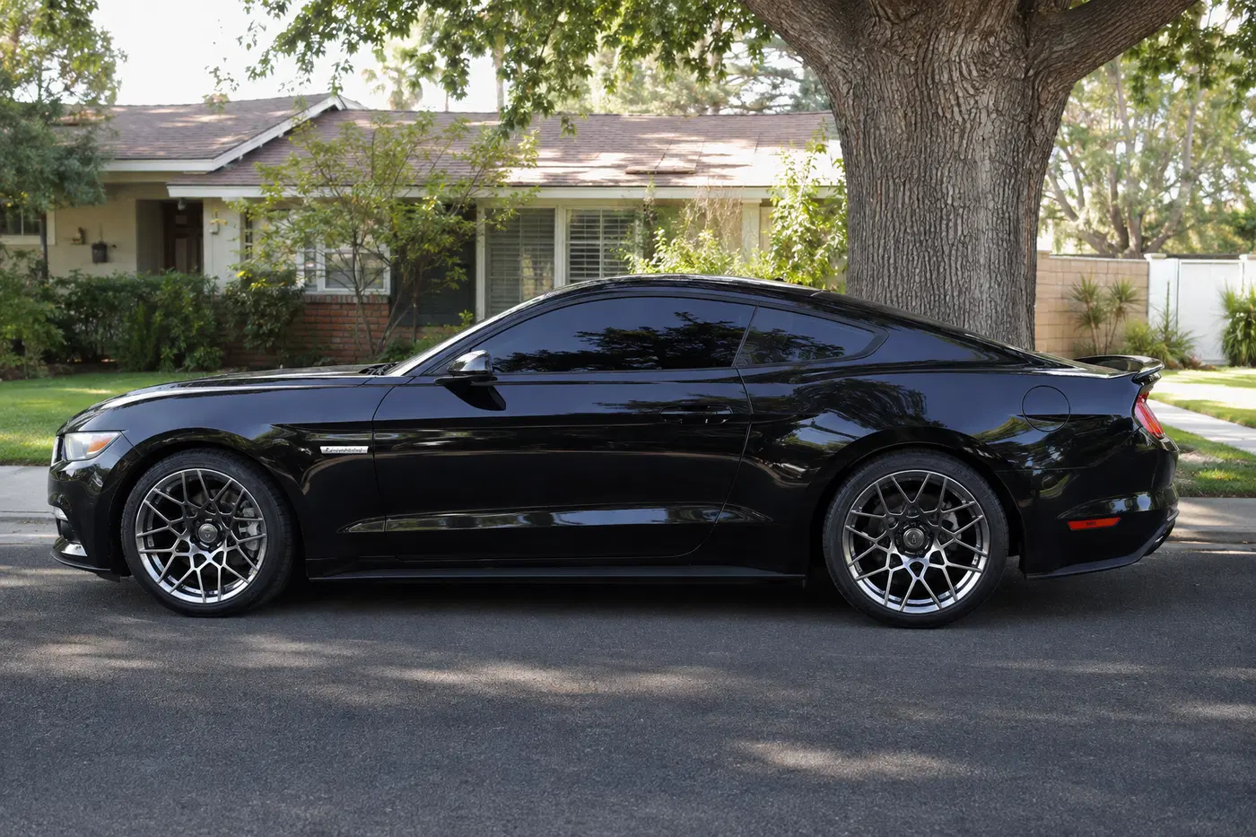 AI-generated view of a 2015 Ford Mustang EcoBoost Premium with American Muscle GT500 style wheels