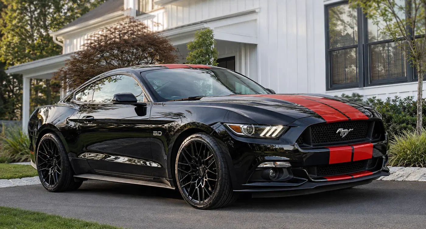 AI-generated view of a 2016 Ford Mustang GT Premium with American Racing AR927 wheels