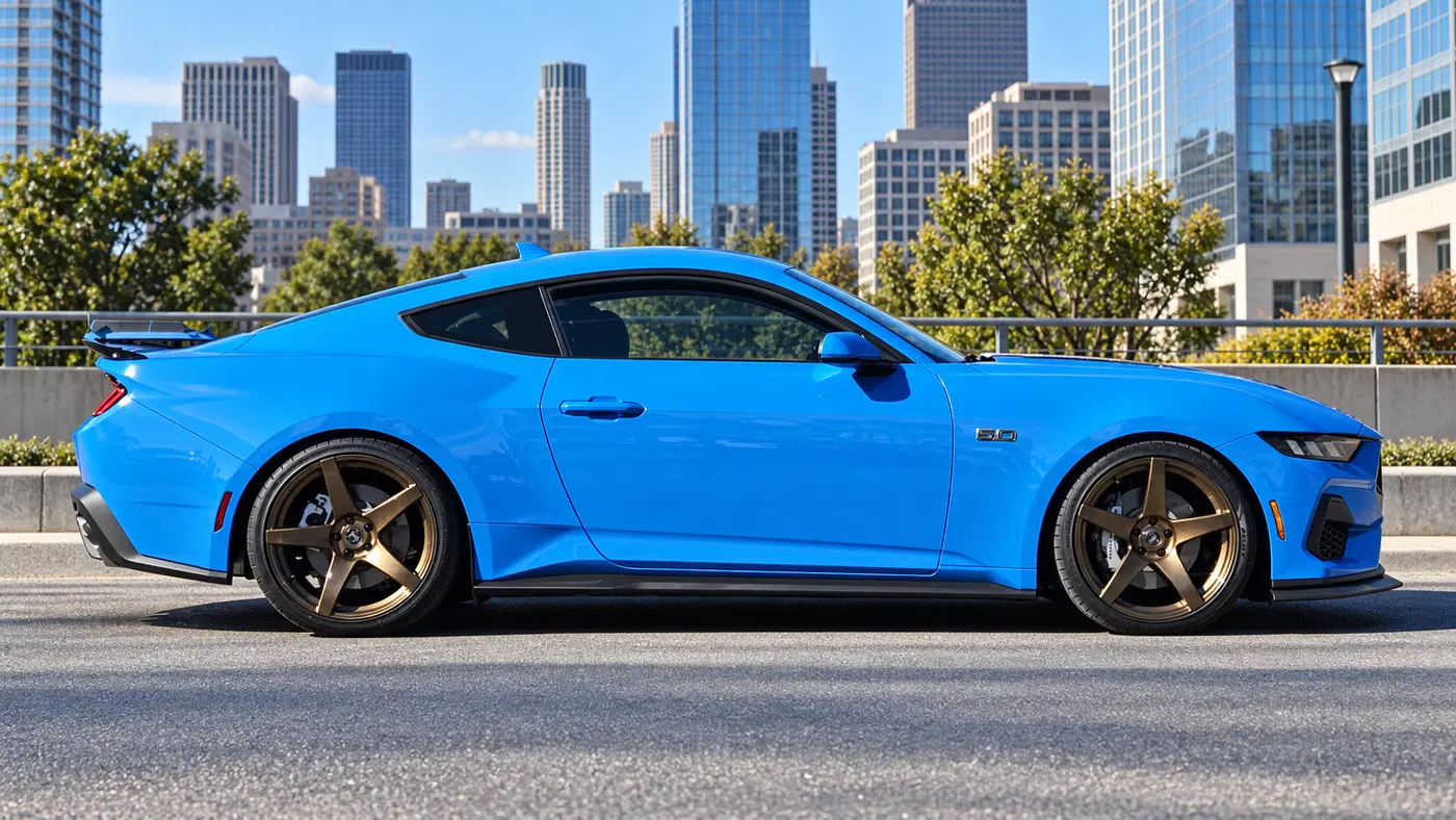 AI-generated view of a 2019 Ford Mustang GT with Forgestar CF5 wheels