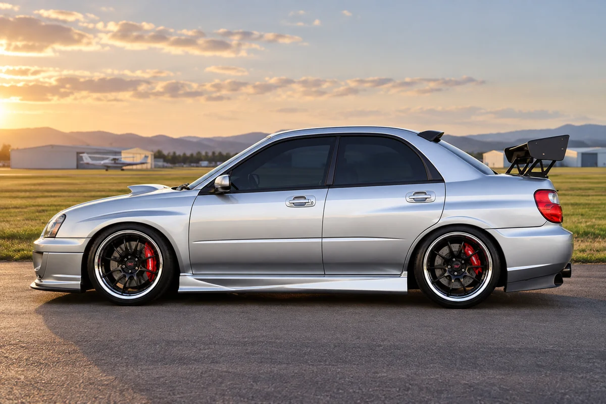 AI-generated view of a 2005 Subaru Impreza WRX STI with Volk Racing LE28N wheels