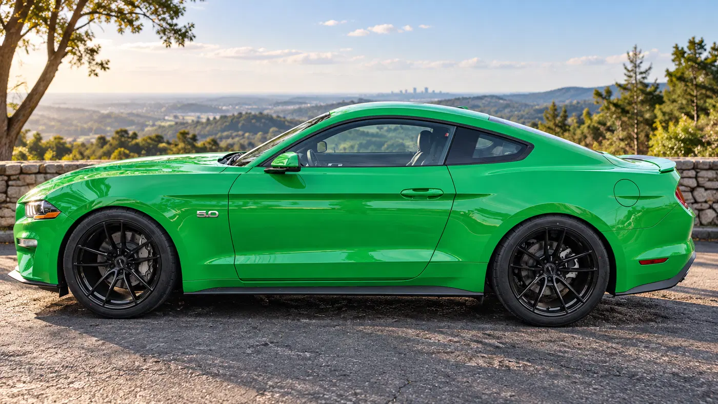AI-generated view of a 2019 Ford Mustang GT Premium with Velgen VF5 wheels