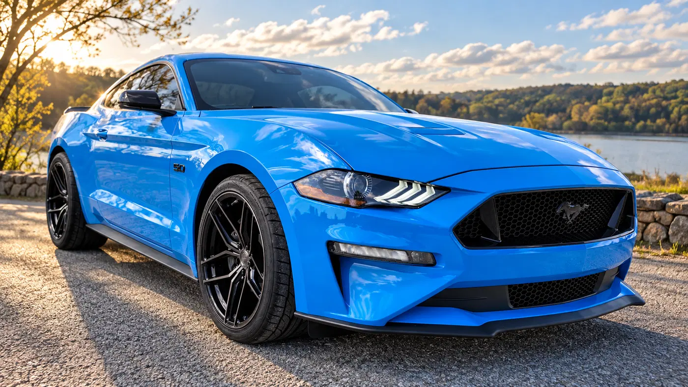 AI-generated view of a 2023 Ford Mustang GT with Stance SF03 wheels