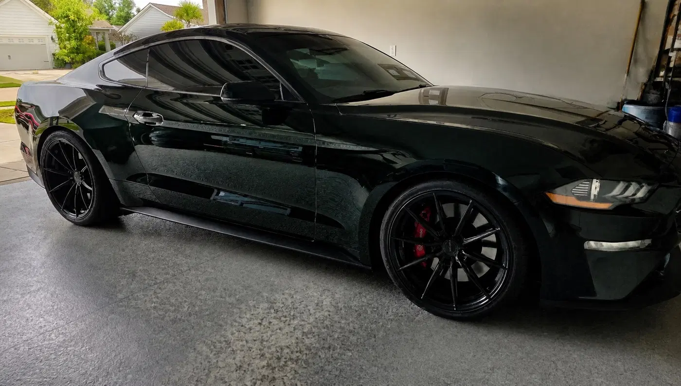 AI-generated view of a 2019 Ford Mustang Bullitt with Velgen VF9 wheels