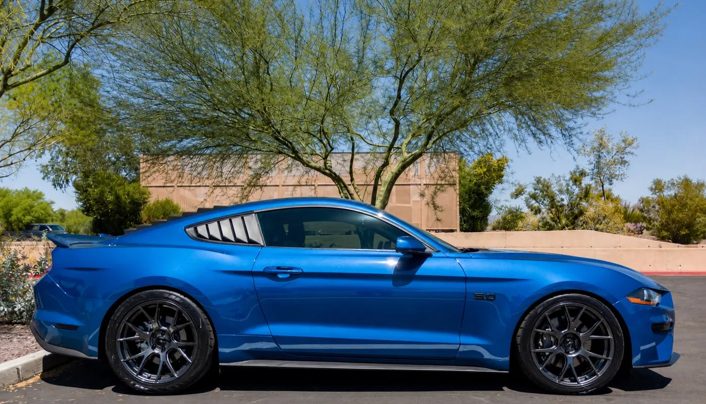 AI-generated view of a 2018 Ford Mustang GT with Konig Ampliform wheels