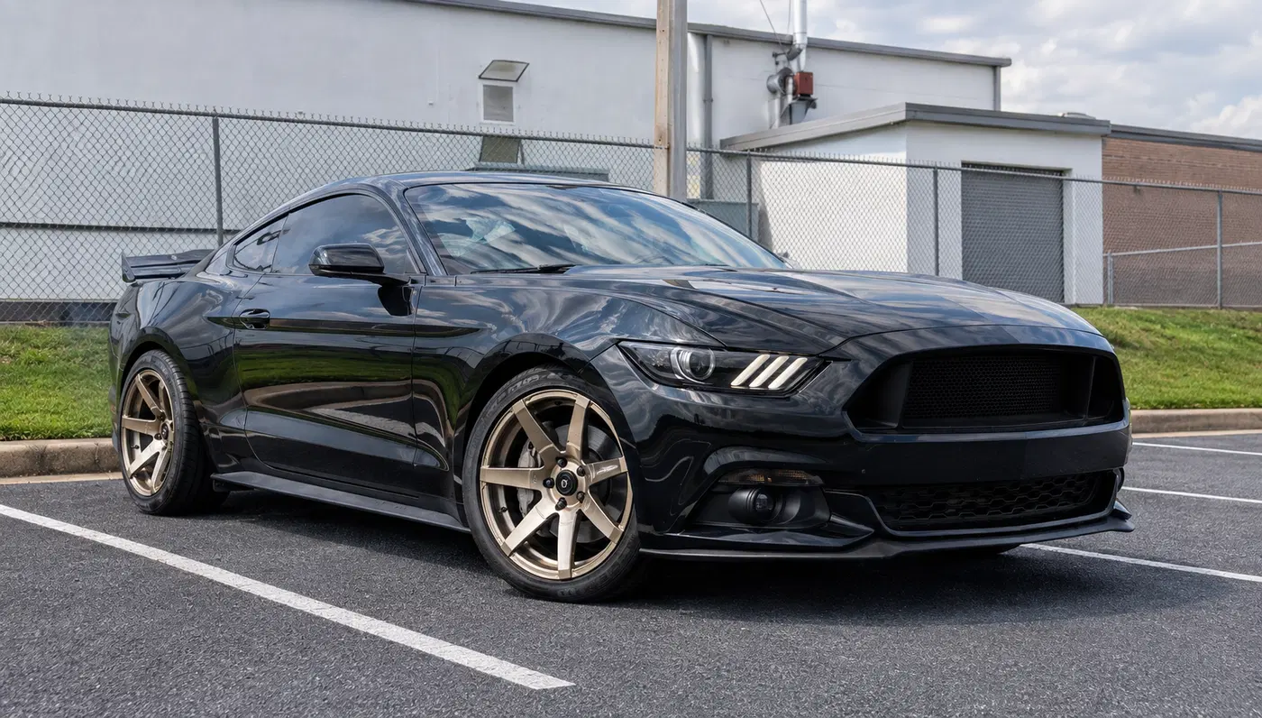 AI-generated view of a 2016 Ford Mustang EcoBoost Premium with Cosmis Racing S1 wheels