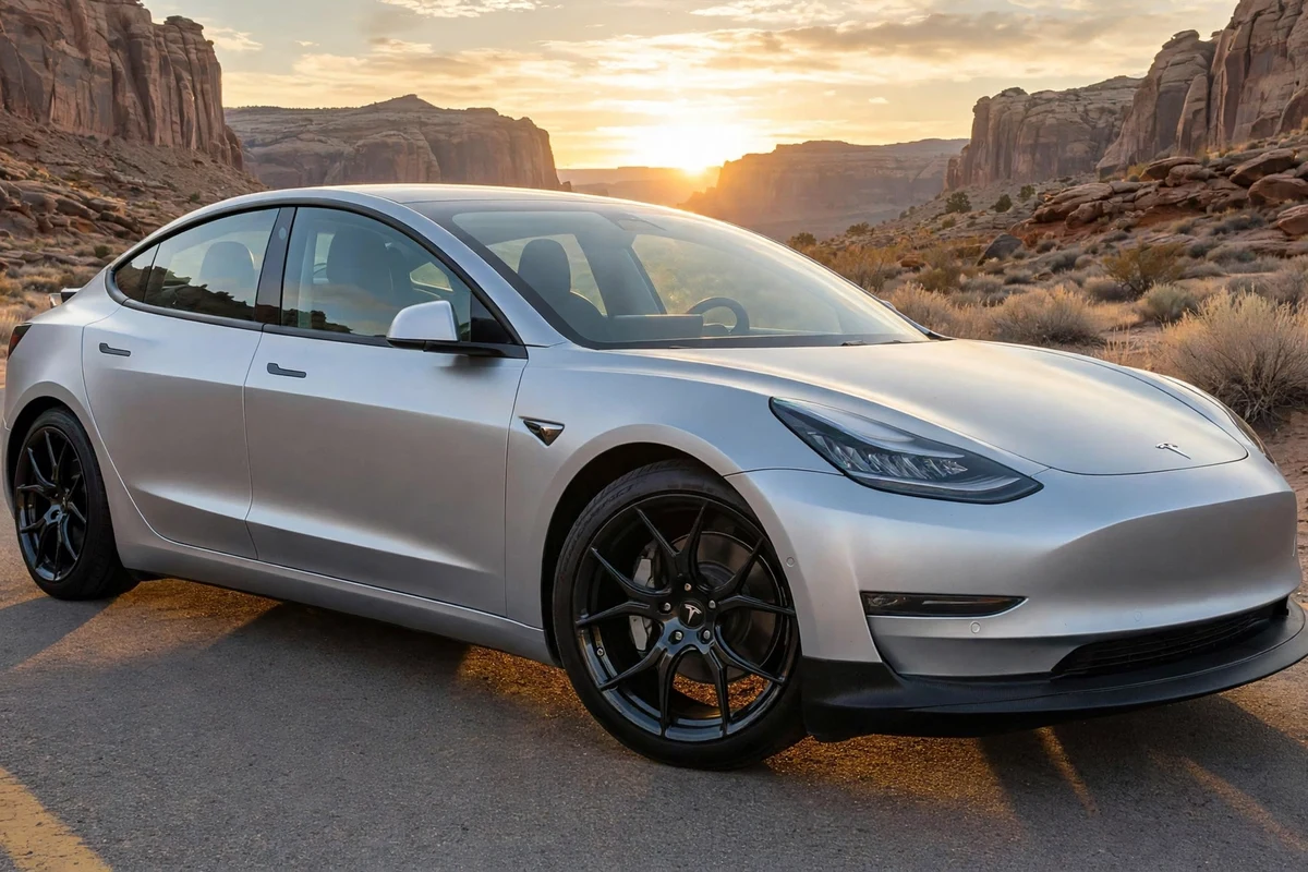 AI-generated view of a 2019 Tesla Model 3 Long Range RWD with MRR NES FG-01 wheels