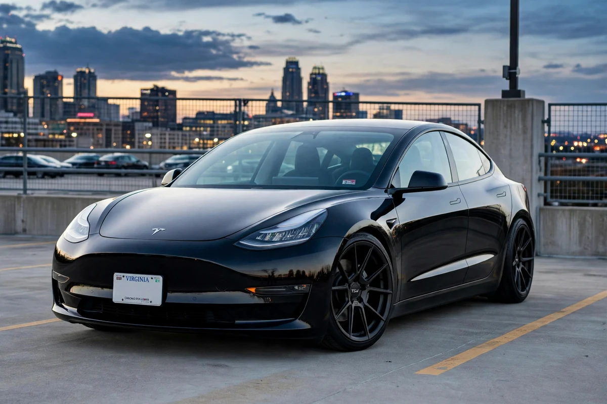 AI-generated view of a 2020 Tesla Model 3 Long Range AWD with TSW Chrono wheels