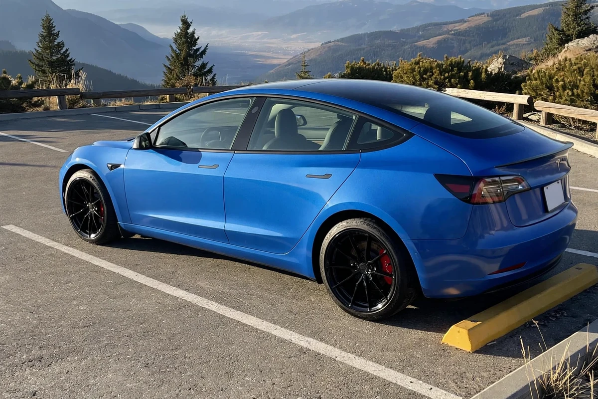 AI-generated view of a 2021 Tesla Model 3 Performance with Japan Racing JR37 wheels