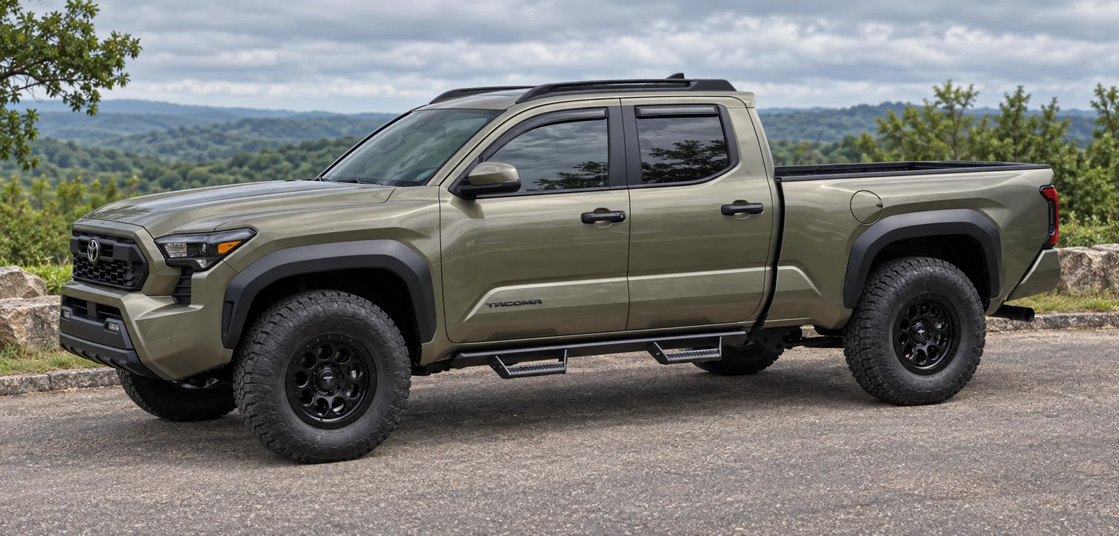 AI-generated view of a 2025 Toyota Tacoma TRD Off-Road Long Bed Premium with SCS Ray10 wheels
