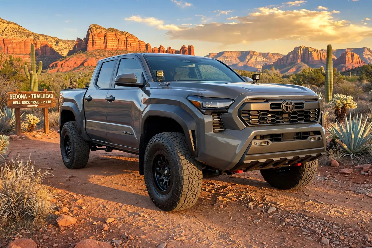 AI-generated view of a 2026 Toyota Tacoma Trailhunter with SCS Ray10 wheels