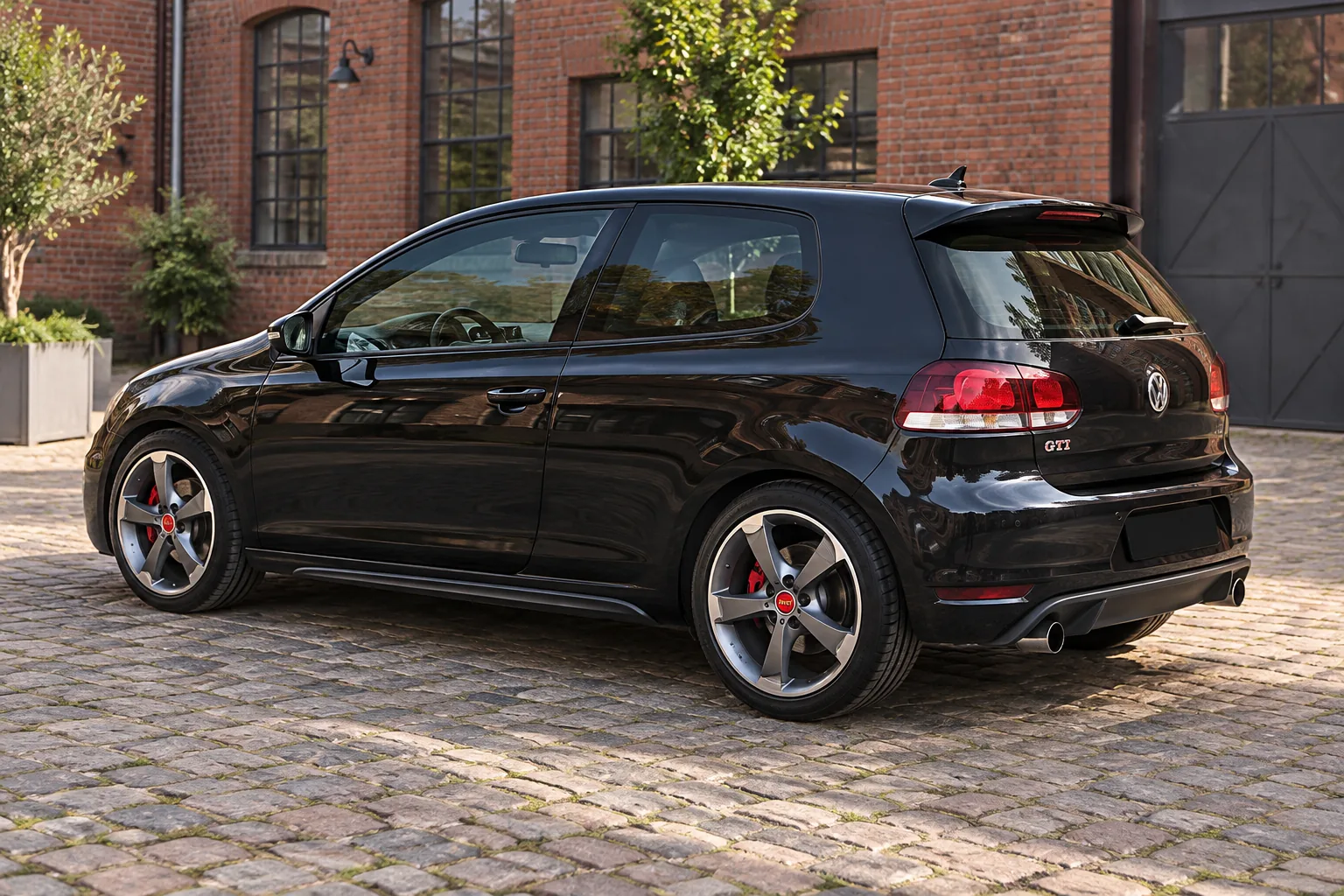 AI-generated view of a 2012 Volkswagen Golf GTI with MOMO Reds Drone wheels