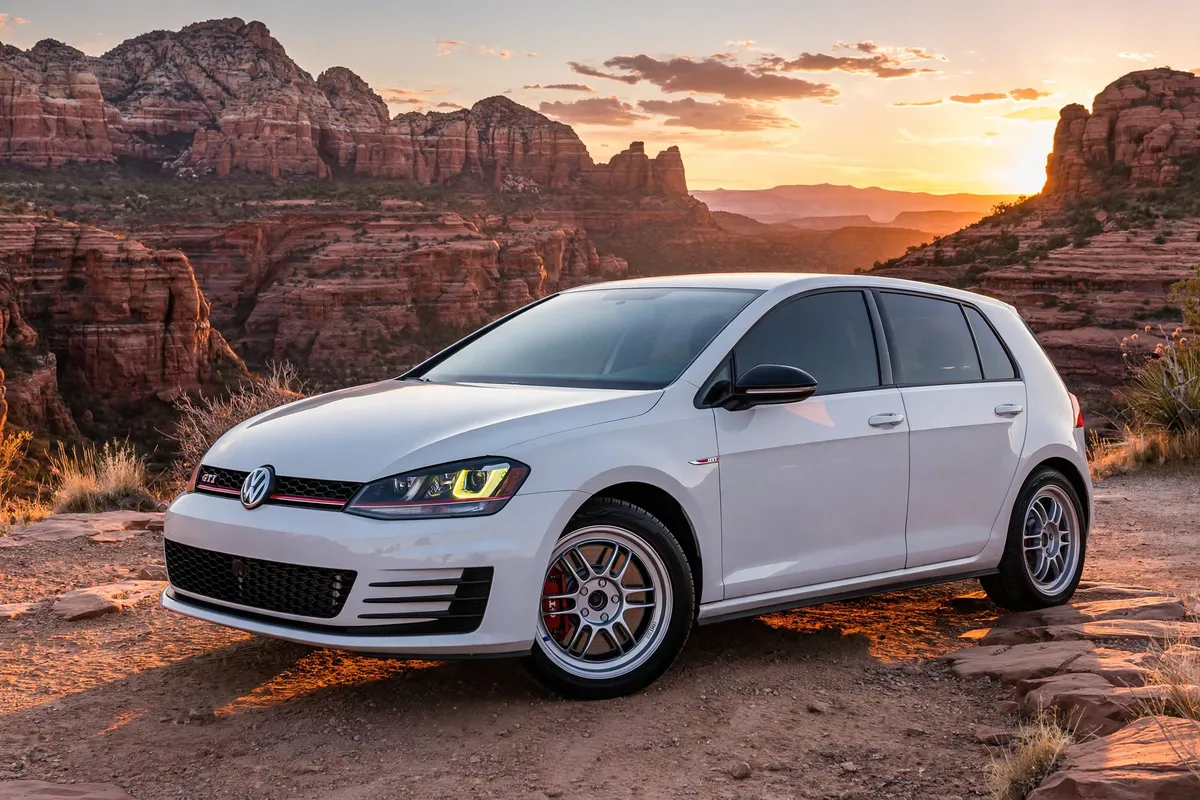 AI-generated view of a 2017 Volkswagen GTI with Enkei RPF1 wheels