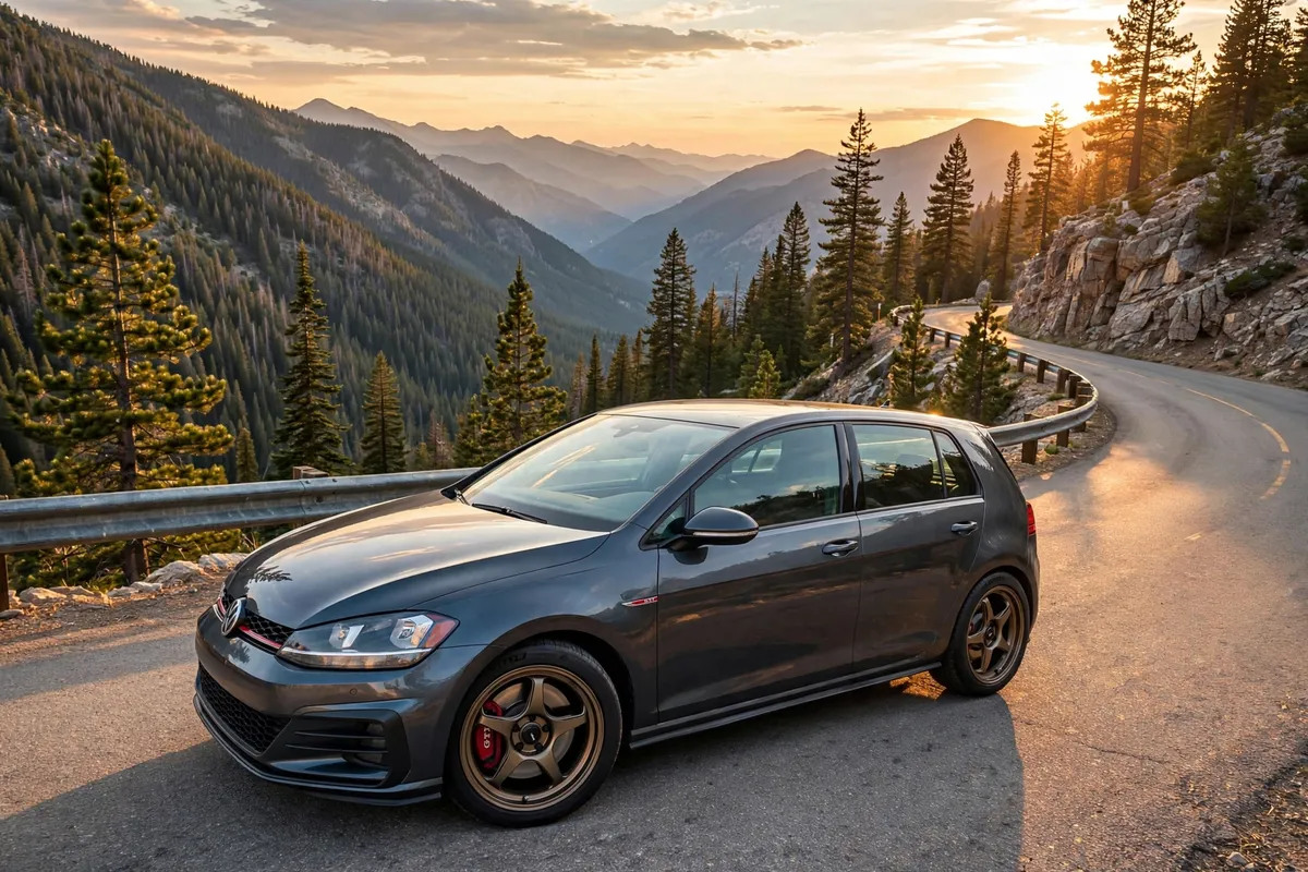 AI-generated view of a 2019 Volkswagen GTI with Konig Hyperspec wheels
