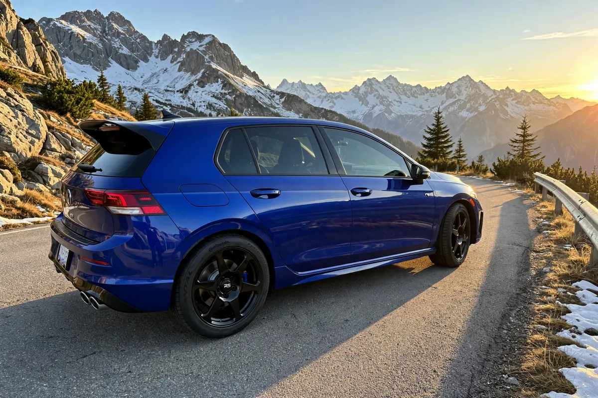 AI-generated view of a 2025 Volkswagen Golf R with Neuspeed RSe06 wheels