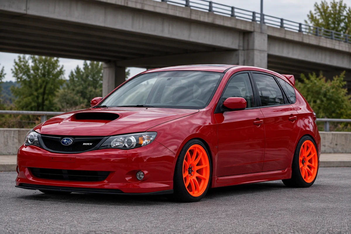 AI-generated view of a 2009 Subaru WRX Hatchback with Rota Torque R wheels