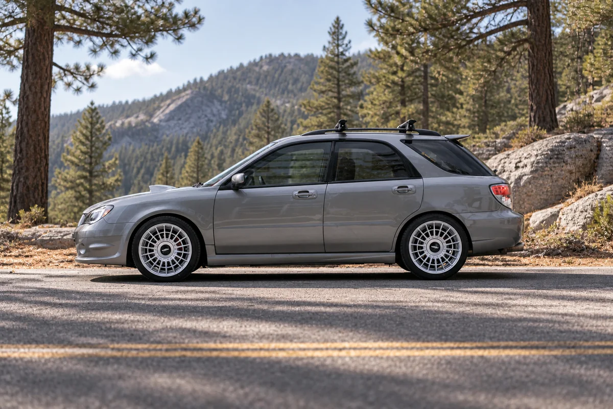 AI-generated view of a 2006 Subaru WRX Limited Wagon with Rotiform LAS-R wheels