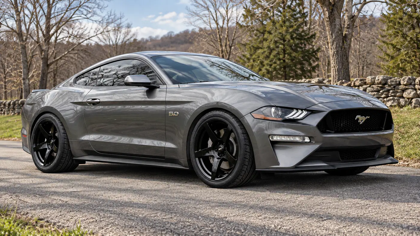 AI-generated view of a 2021 Ford Mustang GT with SVE R355 wheels