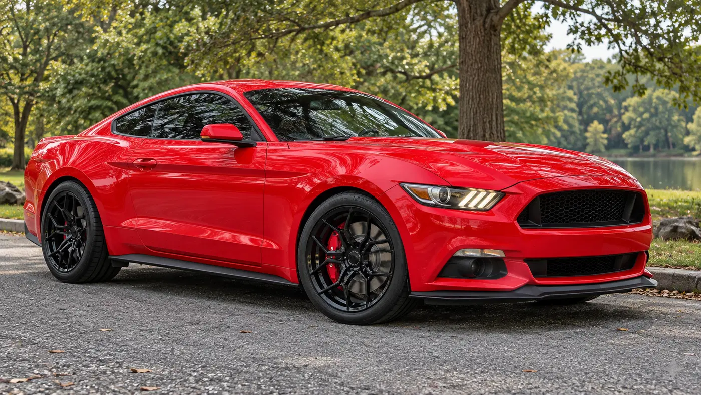 AI-generated view of a 2017 Ford Mustang GT Premium with Blaque Diamond F25 wheels