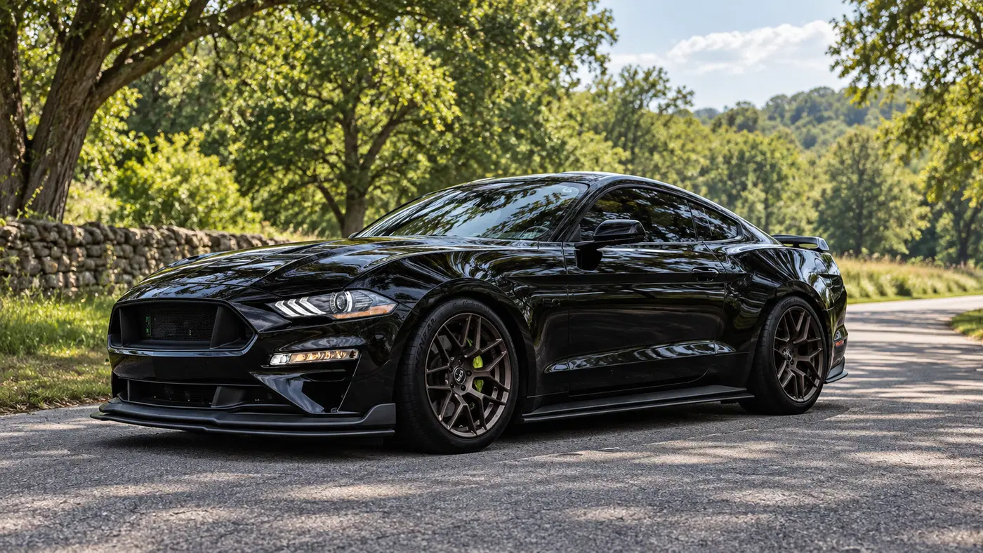 AI-generated view of a 2021 Ford Mustang GT 401A 6-speed with RTR Tech 7 wheels