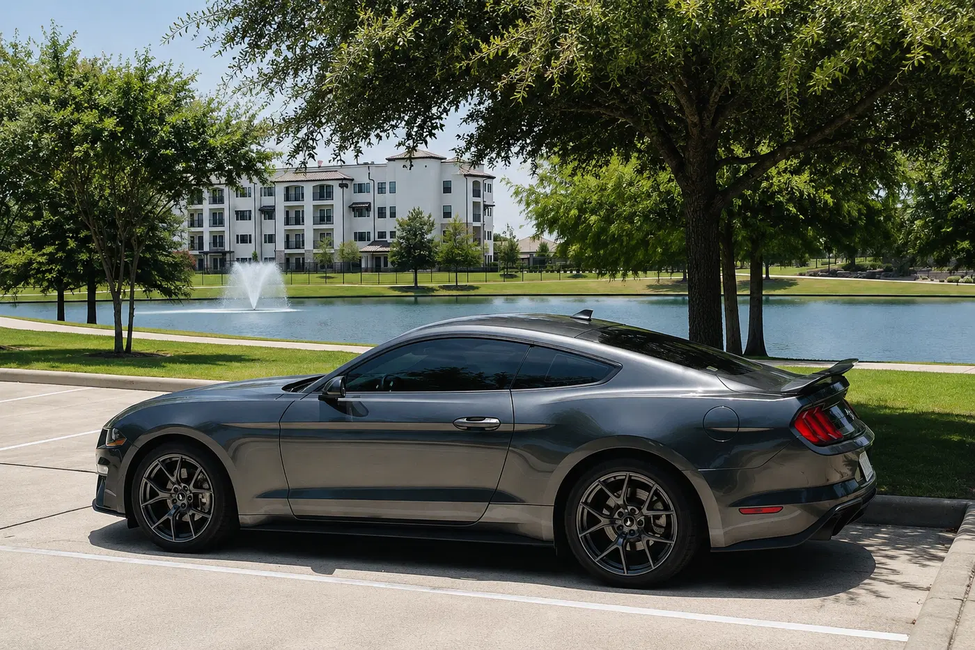 AI-generated view of a 2020 Ford Mustang EcoBoost Base 6MT with SVE SP2 wheels